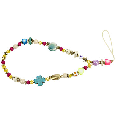 Avizar Bracelet pour Téléphone 30cm Perles Multicolore Croix Coeur Perle Nacrée + Dragonne
