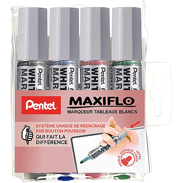 PENTEL Pochette de 4 Marqueurs tableaux blancs MAXIFLO MW5LW Noir Rouge Bleu Vert