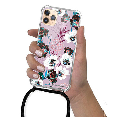LaCoqueFrançaise Coque cordon iPhone 11 Pro noir Dessin Fleurs parme pas cher
