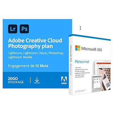 Pack Adobe Creative Cloud Photo 20Go + Microsoft Office 365 Personnel - Licence 1 an - 1 utilisateur - A télécharger