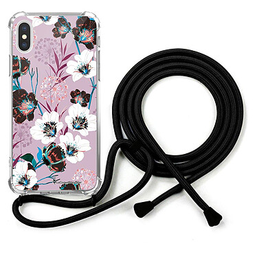 LaCoqueFrançaise Coque cordon iPhone X/Xs noir Dessin Fleurs parme