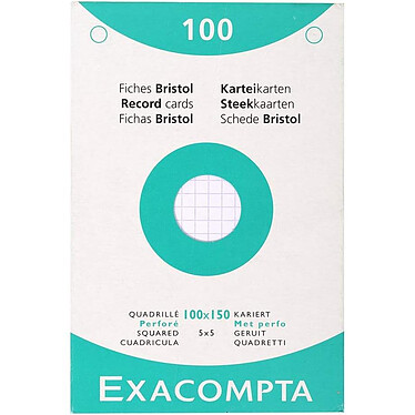 EXACOMPTA Étui de 100 fiches bristol quadrillé 5x5 perforé 100x150mm Blanc