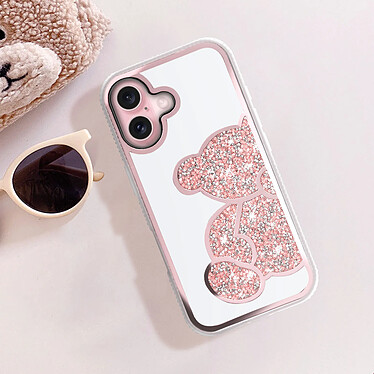 Avizar Coque Paillette pour iPhone 16 Plus Motif Ourson avec Strass Rose pas cher