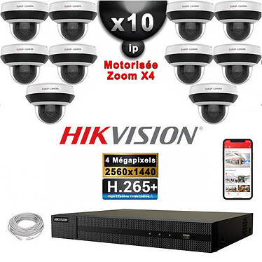 HIKVISION Kit Vidéo Surveillance PRO IP : 10x Caméras POE Dômes motorisée IR 20M 4 MP + Enregistreur NVR 16 canaux H265+ 3000Go