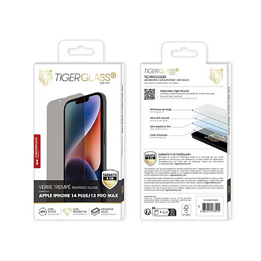 Avis Tiger Verre Trempé pour iPhone 14 Plus/13 Pro Max Recyclé Confidentiel Ultra-résistant Noir transparent