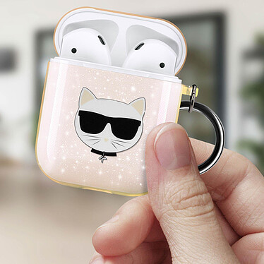 Acheter Coque Airpods Silicone gel Pailletée Choupette Ikonik Karl Lagerfeld rose gold