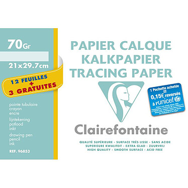 CLAIREFONTAINE Pochette papier calque 21x29.7cm 70g 12 + 3 gratuites