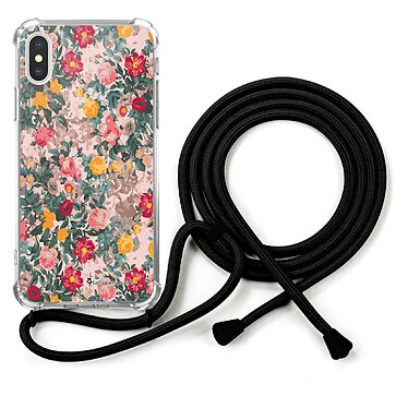 LaCoqueFrançaise Coque cordon iPhone X/Xs noir Dessin Fleurs Beige et Rose