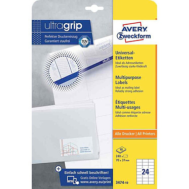 AVERY 240 étiquettes multi-usages, 70 x 37 mm, blanc