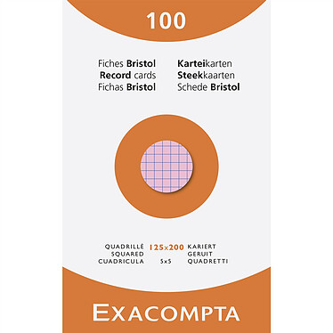 EXACOMPTA Étui de 100 fiches - bristol quadrillé 5x5 non perforé 125x200mm - Couleurs assorties