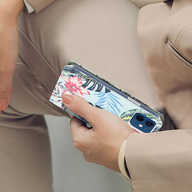 Avizar Étui iPhone 12 Mini Porte-carte Fonction Support Motif Fleurs Tropicales – bleu pas cher