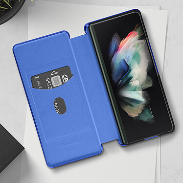 Avis Avizar Coque pour Samsung Z Fold 3 Clapet Porte-carte Dragonne Effet Carbone bleu