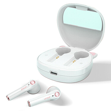 Avizar Écouteurs Bluetooth Sans Fil Boîtier de Charge Design Chat Miroir Intégré Blanc