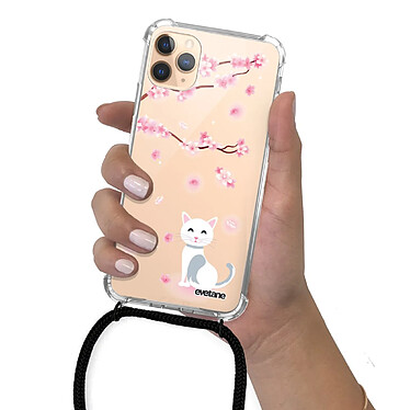 Evetane Coque cordon iPhone 11 Pro noir Dessin Chat et Fleurs pas cher