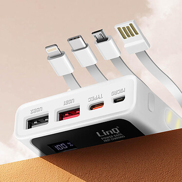 Avis LinQ Batterie Secours 15000mAh Câble 4 en 1 Port USB 22.5W et USB C 20W  blanc