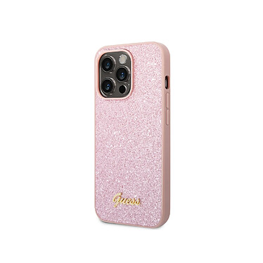 Guess Coque pour Apple iPhone 14 Pro Max TPU Glitter Script Rose