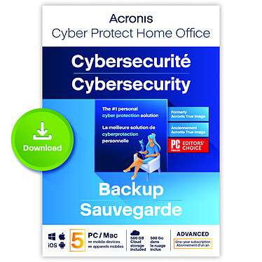 Acronis Cyber Protect Home Office Advanced 2023 - 500 Go - Licence 1 an - 5 PC/Mac + nombre illimité de terminaux  mobiles - A télécharger
