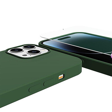 Evetane Coque iPhone 14 Pro Max Silicone liquide Vert Foret + 2 Vitres en Verre trempé Protection écran Antichocs pas cher