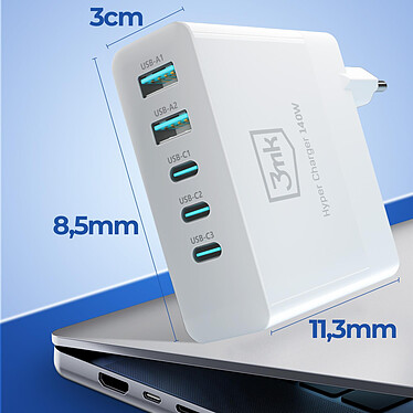 3mk Chargeur Secteur GaN 140W 3x USB C Power Delivery 2x USB Quick Charge Blanc pas cher