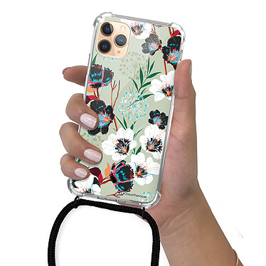 LaCoqueFrançaise Coque cordon iPhone 11 Pro noir Dessin Fleurs vert d'eau pas cher