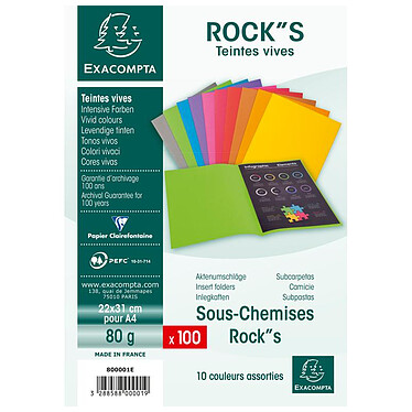 EXACOMPTA Paquet 100 Sous-Chemise ROCK'S Papier 80g Teintes Vives 10 Couleurs x 10