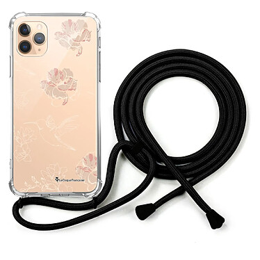 LaCoqueFrançaise Coque cordon iPhone 11 Pro Max noir Dessin Fleurs Blanches