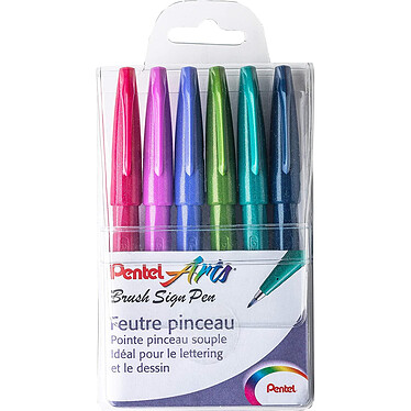 PENTEL Pochette de 6 Feutres Pinceau Brush Sign Pen 6 Coloris Tendance