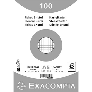 EXACOMPTA Paquet 100 Fiches Bristol Quadrillé 5x5 non Perforé 148x210mm - Blanc