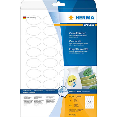 HERMA Boite 900 Etiquettes SuperPrint 40,6 x 25,4 mm Amovible Ovale Blanc