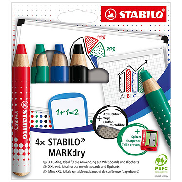 STABILO Etui carton x 4 crayons marqueurs MARKdry + 1 taille-crayon + 1 chiffonnette