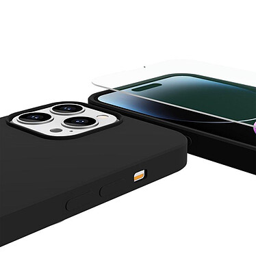 Evetane Coque iPhone 14 Pro Silicone liquide Noire + 2 Vitres en Verre trempé Protection écran Antichocs pas cher