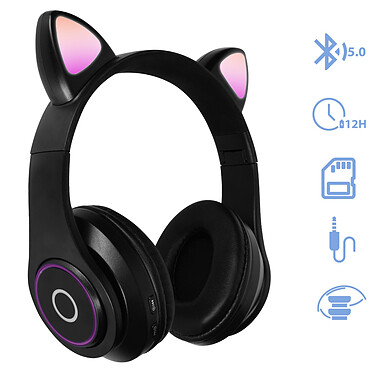 Casque Audio Bluetooth 5.0 Design Oreilles Microphone Intégré de Chat Noir