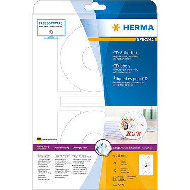 HERMA Etui 20 Etiquettes SPECIAL pour CD/DVD diam 116 mm maxi blanc