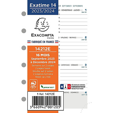 EXACOMPTA Recharge Exatime 14 semainier millésimé 2 pages par semaine 16 mois 126x81 mm