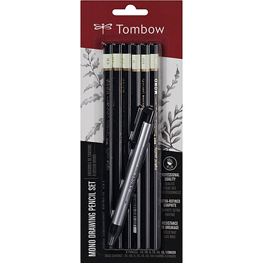 TOMBOW Set de 6 Crayons Graphite Haute Qualité MONO 2H, HB, B, 2B, 4B, 6B + porte-gomme