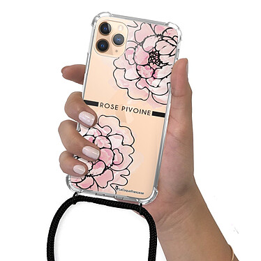 LaCoqueFrançaise Coque cordon iPhone 11 Pro noir Dessin Rose Pivoine pas cher