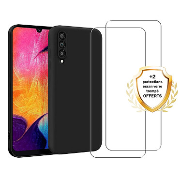 Evetane Coque Samsung Galaxy A50 Silicone liquide Noire + 2 Vitres en Verre trempe Protection ecran Antichocs