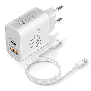 Avizar Chargeur secteur USB / USB-C 18W Power Delivery Q.C 3.0 Câble Lightning Blanc