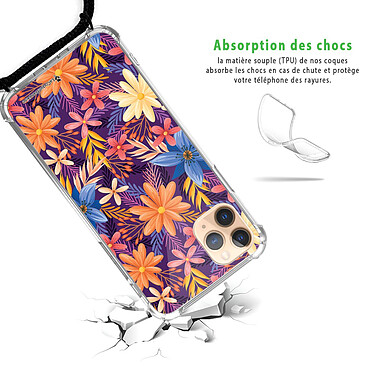 Avis LaCoqueFrançaise Coque cordon iPhone 11 Pro noir Dessin Fleurs violettes et oranges