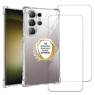 Evetane Coque Samsung Galaxy S24 Ultra Antichoc coins renforcés Silicone + 2 Vitres en verre trempé Protection écran