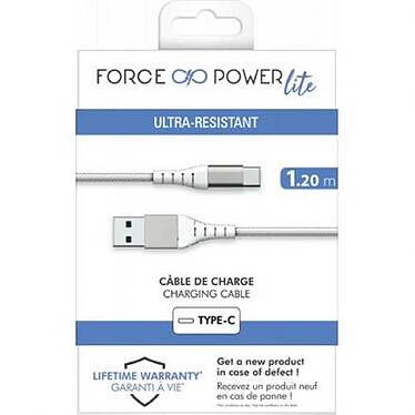 Force Power Câble Renforcé USB A / USB C 1.2m 3A 15W Résistant à 12 000 Flexions Blanc pas cher