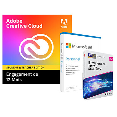 Pack Adobe Creative Cloud All Apps Education + Microsoft 365 Personnel + Bitdefender Total Security - Licence 1 an - 1 utilisateur - A télécharger