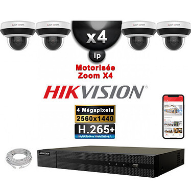 HIKVISION Kit Vidéo Surveillance PRO IP : 4x Caméras POE Dômes motorisée IR 20M 4MP + Enregistreur NVR 4 canaux H265+ 2000 Go