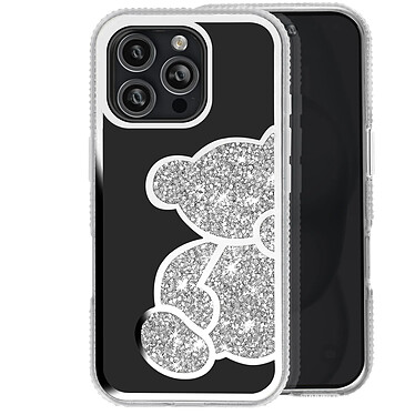 Avizar Coque Paillette pour iPhone 16 Pro Motif Ourson avec Strass Argent