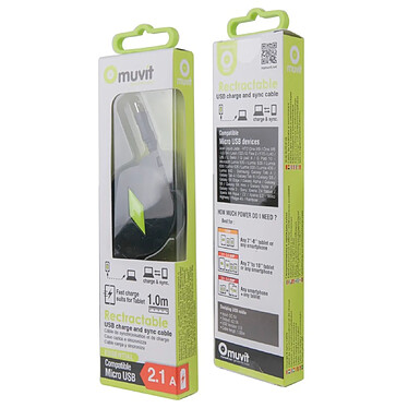 Avis Muvit Câble Micro USB-B vers USB A Charge et Synchronisation Rétractable jusqu'à 1m Noir