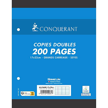 CONQUÉRANT Copies Doubles 17x22cm 200 Pages 70g Grand Carreaux Sous Film Blanches