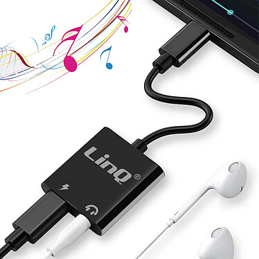 LinQ Adaptateur USB-C vers Prise Audio Jack 3.5mm et Recharge USB-C Femelle Noir pas cher