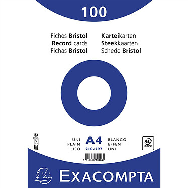 EXACOMPTA Paquet 100 fiches sous film - bristol uni non perforé - 210x297mm - Blanc