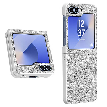 Avizar Coque Paillette pour Samsung Z Flip 6 Dos Rigide Contour Souple Argent