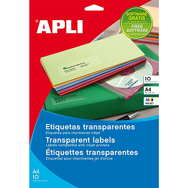 APLI Pochette étiquettes invisible polyester jet d'encre 10 feuilles 63,5x38,1 mm